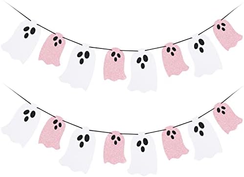 2 Pack Pink and White Halloween Ghost Garland Banner Decorations