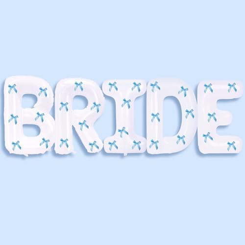 40 Inch White Bride Balloons with Blue Bows