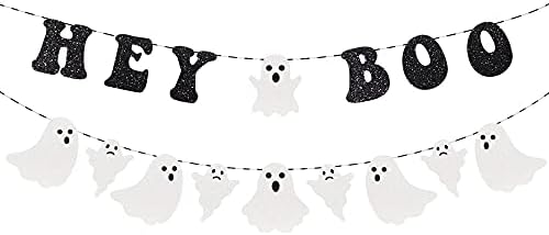 Hey Boo Glittery Ghost Halloween Banner - Black