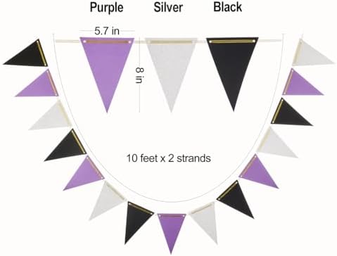 MOWO Purple Black and Silver Pennant Banner Set 20 Feet 30 Counts