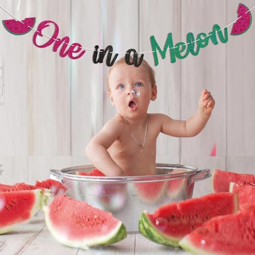 One in a Melon Birthday Banner - Glitter Green Watermelon Decor