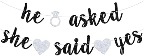 He Asked She Said Yes Banner Black Glitter Bunting Engagement Sign