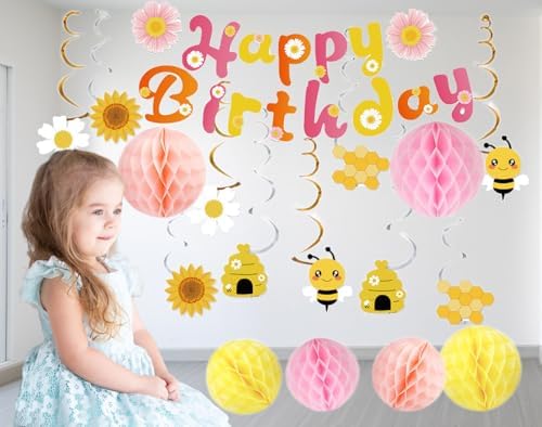 Pre-Strung Happy Birthday Banner with Honeycomb Balls and Daisy Garland