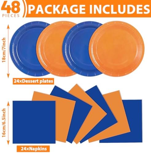 48Pcs Blue and Orange Party Plates Napkins Set