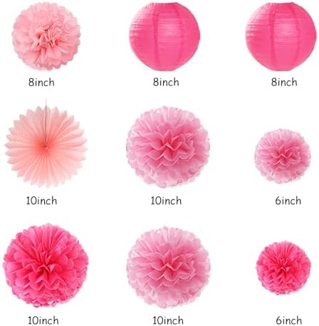 Hot Pink Birthday Decorations - 14pcs Paper Flowers Lanterns Pom Poms
