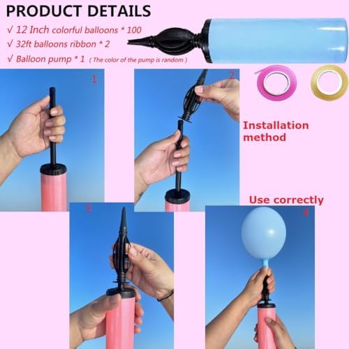 Thickened 12 Inch Birthday Balloons 100Pcs with Pump and Ribbon
