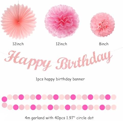 Hot Pink Birthday Decorations - 14pcs Paper Flowers Lanterns Pom Poms
