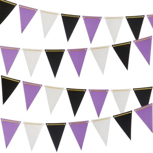 MOWO Purple Black and Silver Pennant Banner Set 20 Feet 30 Counts
