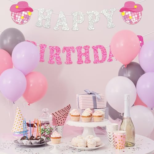 Western Cowgirl Birthday Glitter Banner Silver Pink Bunting Garland