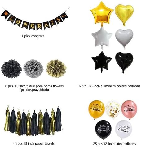 SHINsuke Graduation Party Supplies 48 Pcs Black Gold Decorations
