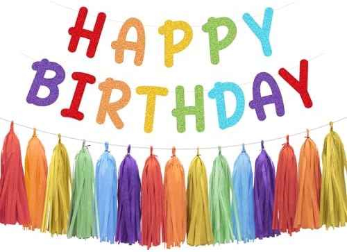 Rainbow Birthday Banner with Paper Tassel Garland