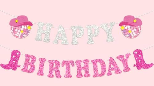 Western Cowgirl Birthday Glitter Banner Silver Pink Bunting Garland