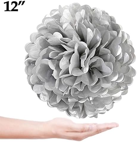Navy Blue and Silver Tissue Paper Pom Poms Flower Set 28PCS