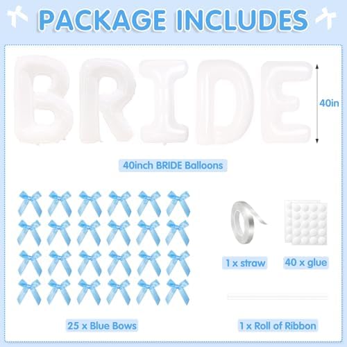 40 Inch White Bride Balloons with Blue Bows