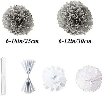 12pcs Grey Paper Pom Poms Tissue Flower Decorations