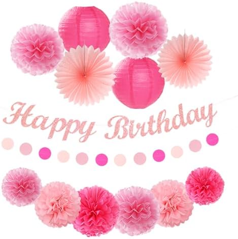 Hot Pink Birthday Decorations - 14pcs Paper Flowers Lanterns Pom Poms