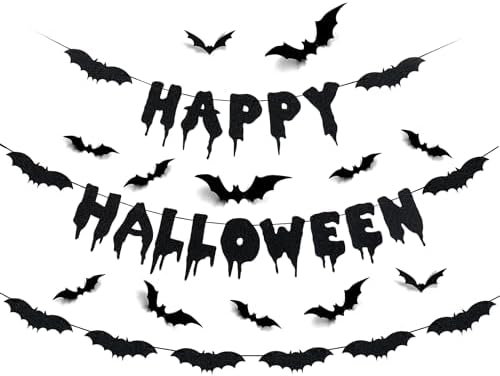 LeeSky Black Glitter Halloween Banner and Bat Wall Decals