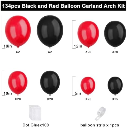 Red Black Balloons Garland Arch Kit 134pcs for Parties