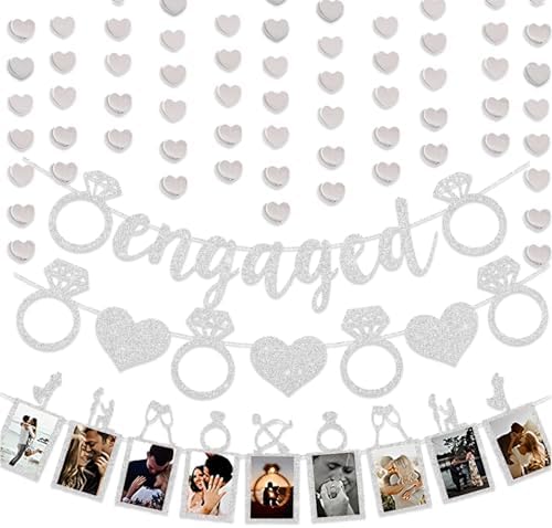 Silver Glitter Engagement Party Banners with Heart Garland