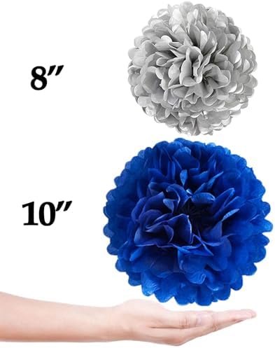 Navy Blue and Silver Tissue Paper Pom Poms Flower Set 28PCS