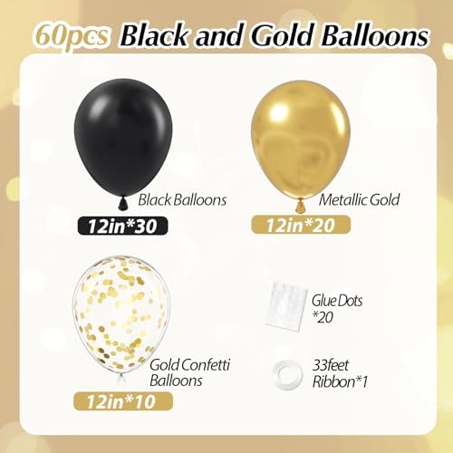 Black and Gold Balloons 60pcs for Birthday Party Decorations