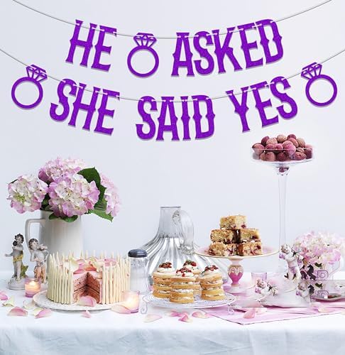 He Asked She Said Yes Banner Purple Glitter
