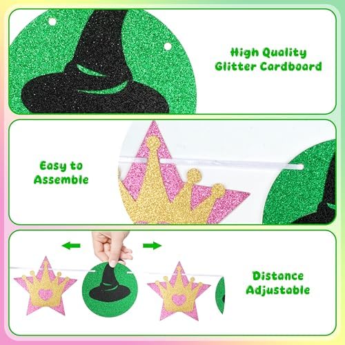 4 Pcs Pink Green Witch Princess Garland Banner