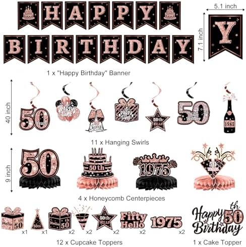 50th Birthday Decor Set 59 pcs Rose Gold Party Essentials