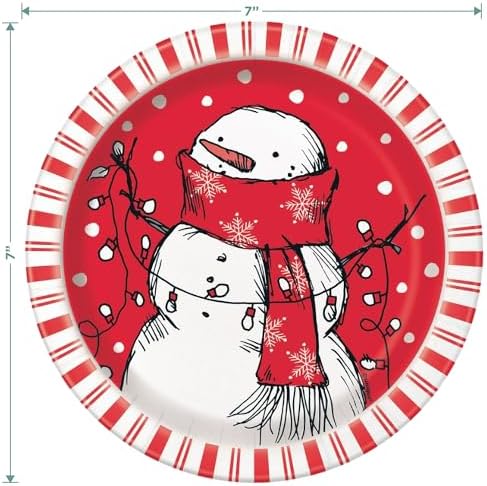 Red Stripe Rustic Snowman Christmas Dessert Plates and Napkins Set