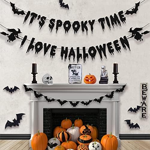 Halloween Decorations Glittery Black Banner Garland Bats