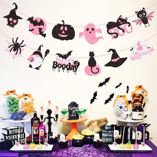 2pcs Halloween Party Banners Black Pink Ghost Boo Witch Decorations