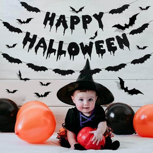 LeeSky Black Glitter Halloween Banner and Bat Wall Decals