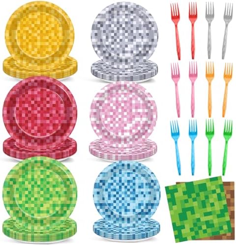 96 Pcs Mini Pixel Party Plates and Napkins for Gaming Birthday Celebration
