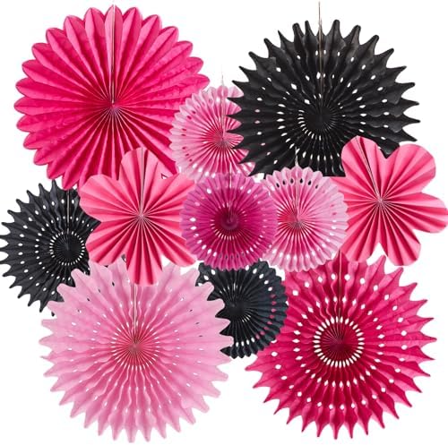 11PCS Hanging Paper Fans Pink Black Birthday Party Decorations
