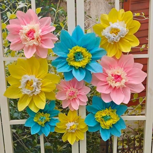 Mybbshower Crepe Paper Flowers Pack of 9 Pink Yellow Blue
