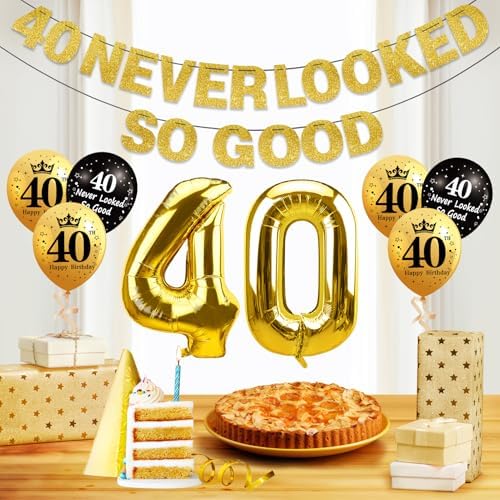 40th Birthday Decorations Kit Black Gold Banner and Foil Balloons