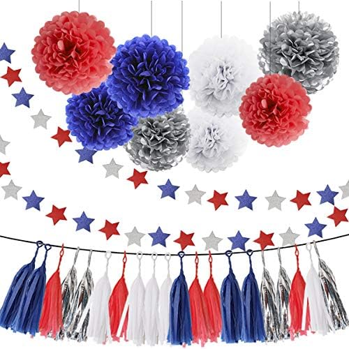 HEARTFEEL 30pcs Patriotic Tissue Pom Pom Garland Decorations