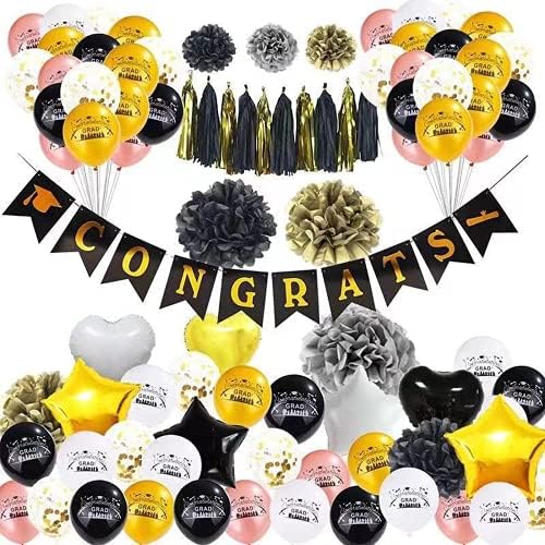 SHINsuke Graduation Party Supplies 48 Pcs Black Gold Decorations
