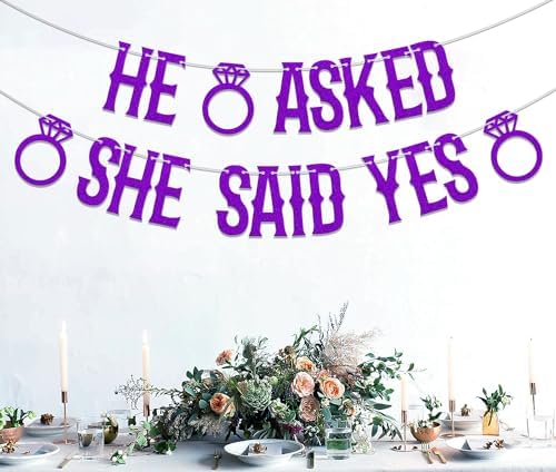 He Asked She Said Yes Banner Purple Glitter