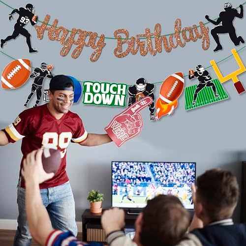 Glitter Brown Football Happy Birthday Banners for Party Decorations
