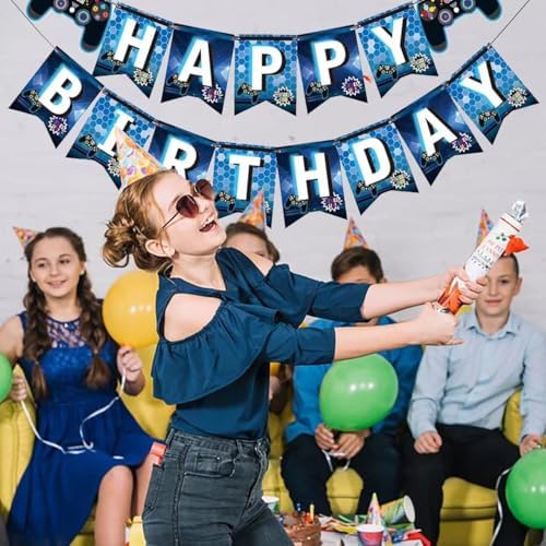 Blue Video Game Birthday Banner for Celebration Party Decoration
