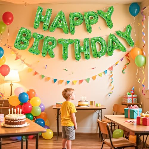Green Happy Birthday Miner Theme Balloon Banner 16 Inches