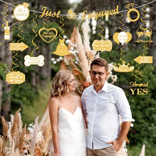 White Gold Engagement Party Decorations Banner with Hanging Swirls