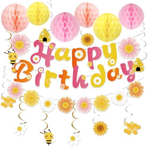 Pre-Strung Happy Birthday Banner with Honeycomb Balls and Daisy Garland