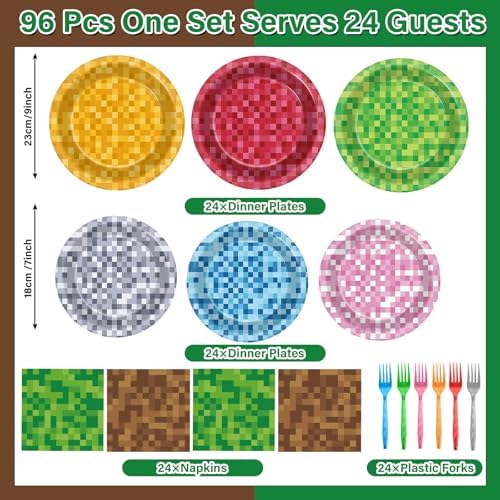 96 Pcs Mini Pixel Party Plates and Napkins for Gaming Birthday Celebration