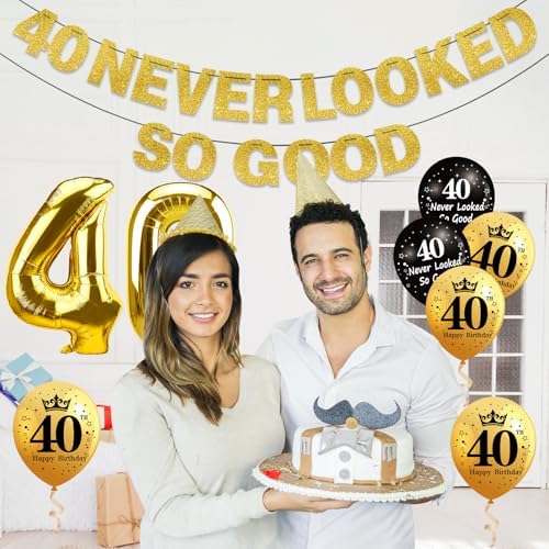 40th Birthday Decorations Kit Black Gold Banner and Foil Balloons