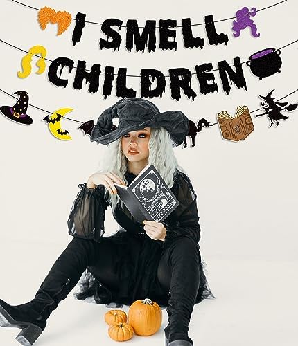 JOZON Black Glittery I Smell Children Halloween Banner