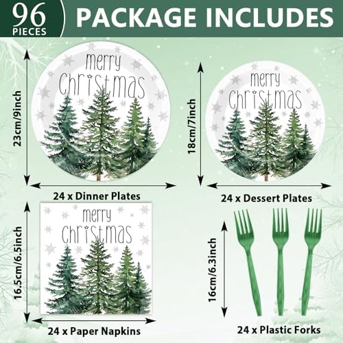 96Pcs Christmas Tree Paper Plates Napkins for 24 Guests