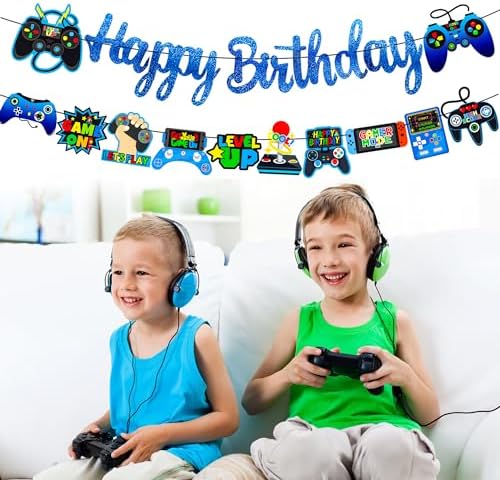 Glitter Blue Game Party Banners for Birthday Celebrations