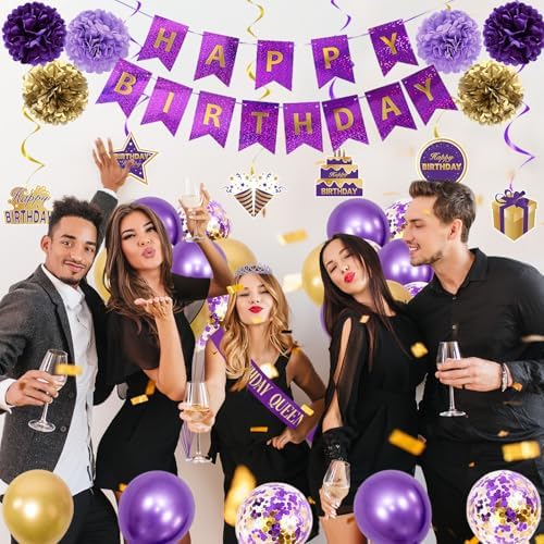 Trgowaul Purple Gold Birthday Decorations Set 34PCS